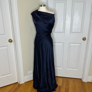 Pamella Roland Navy Blue Satin Off One Shoulder Gown Sz6